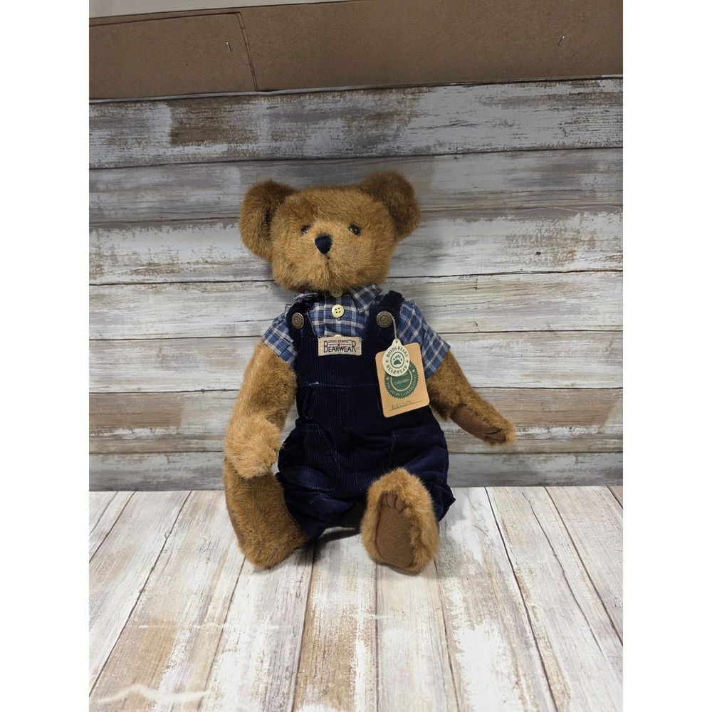 Boyds Bears Nelson Archive Collection Plush Bear Plaid Shirt Blue Overalls 16"